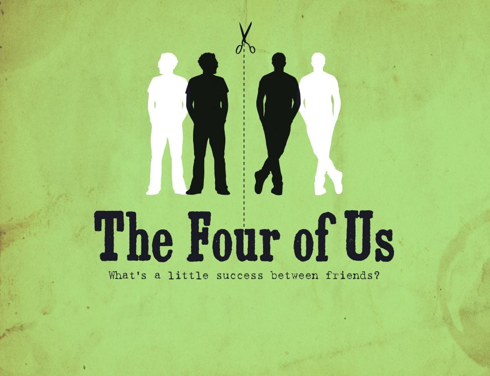 The Four of Us: four silhouetted figures split by a dotted cut line and scissors