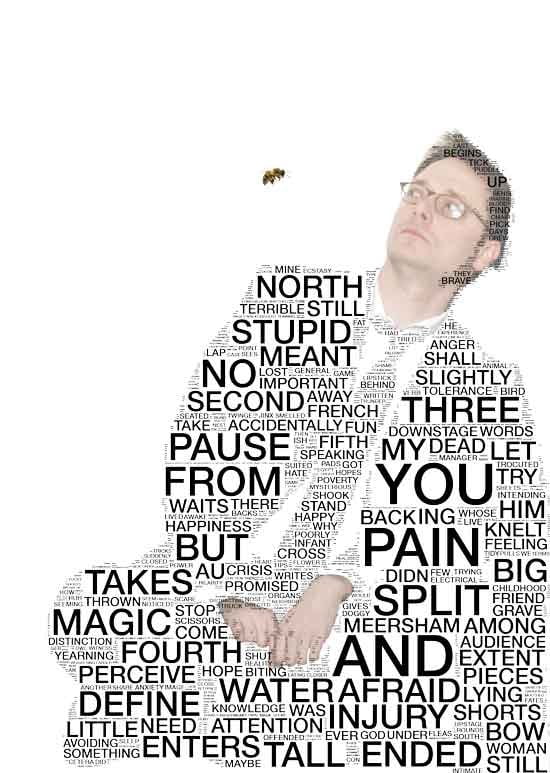 Lance Baker as Thom Pain, his suit made of words, looking up at a bee