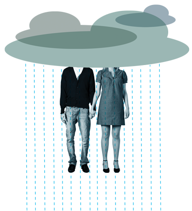 A couple holding hands beneath a rain cloud